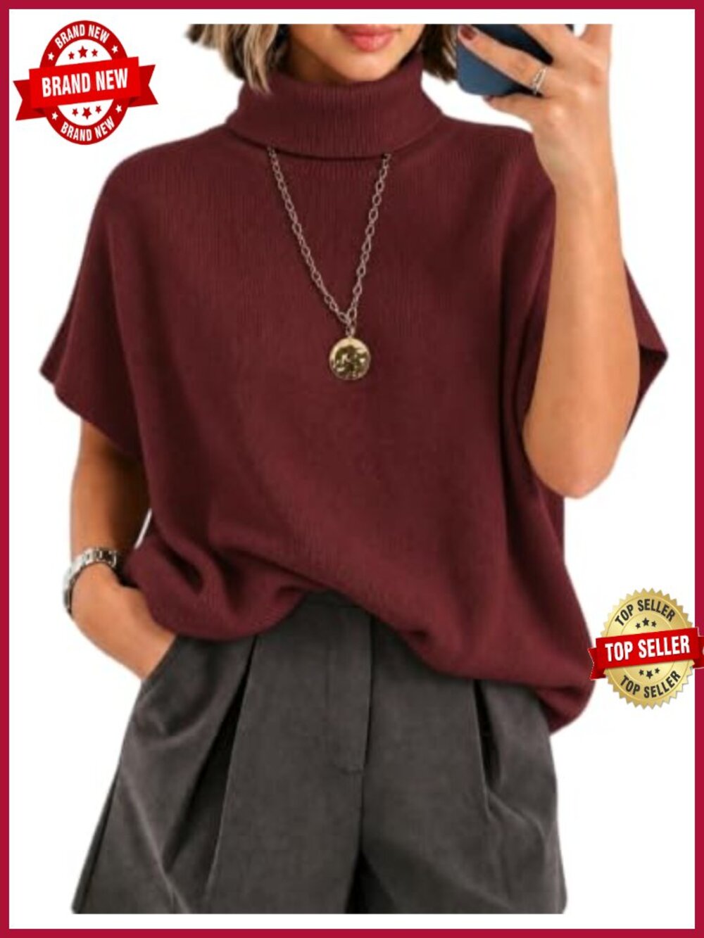 Turtleneck Sweater Oversized Knit Tunic Top Batwing Sleeve